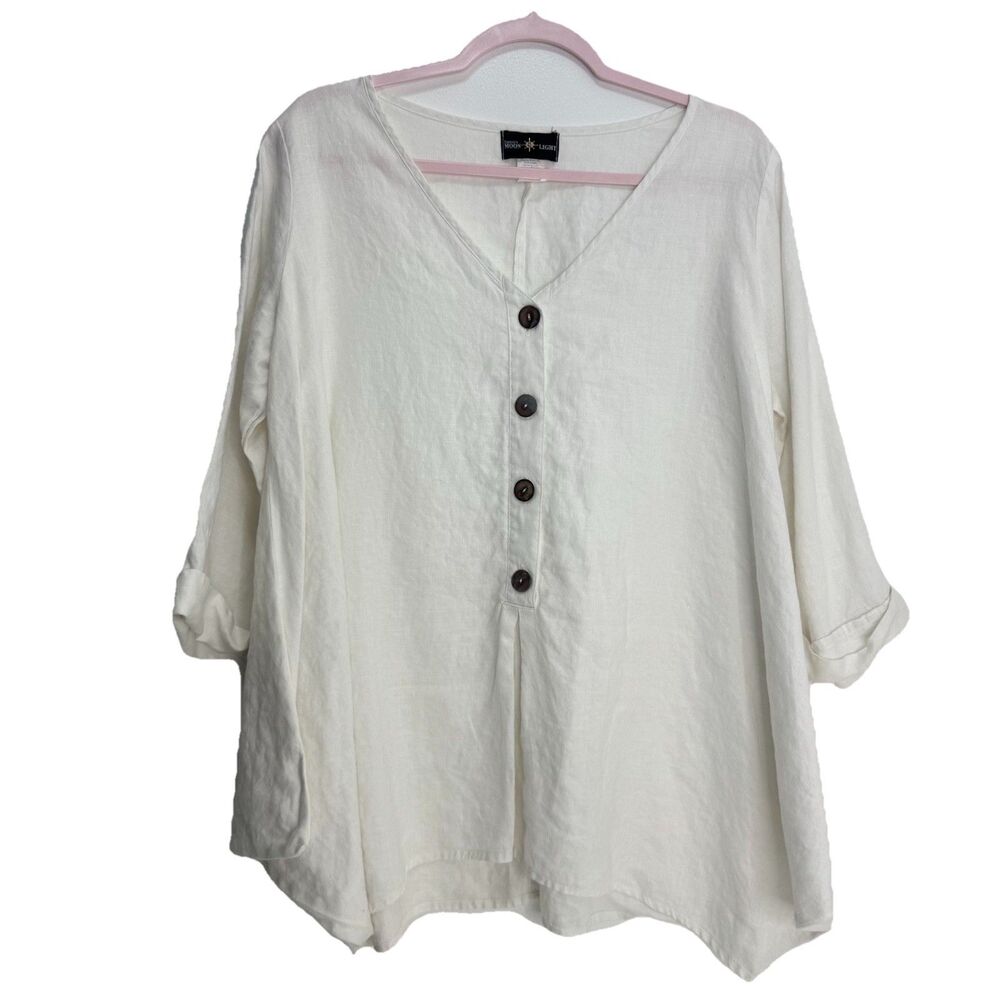 Connies moonlight Women's Lagenlook blouse Top 100% linen Oversized Sz M Buttons